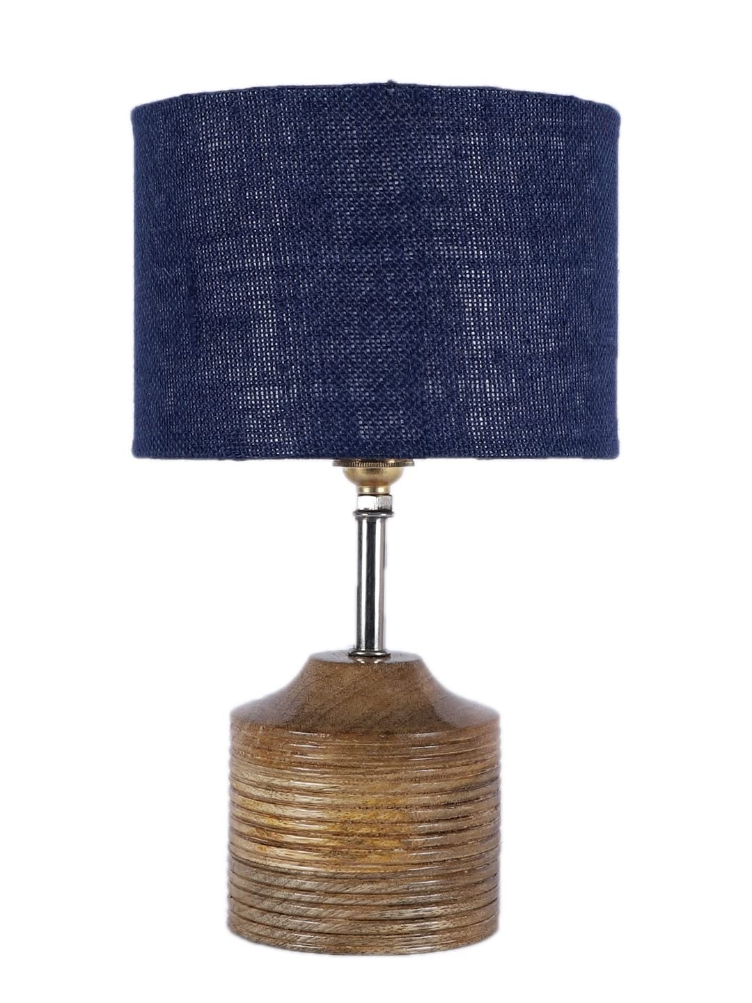 Wood Table lamp with Blue Jute Shade