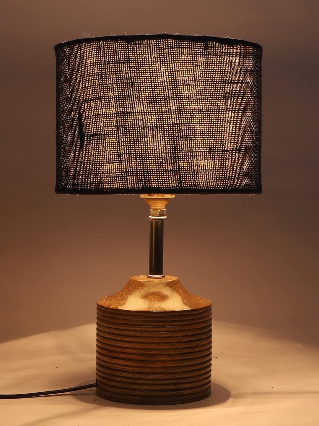 Wood Table lamp with Blue Jute Shade