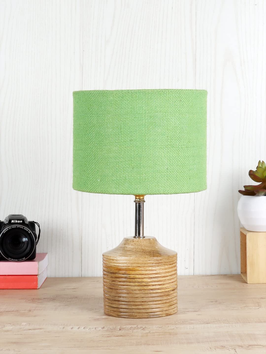 Wood Table lamp with Green Jute Shade