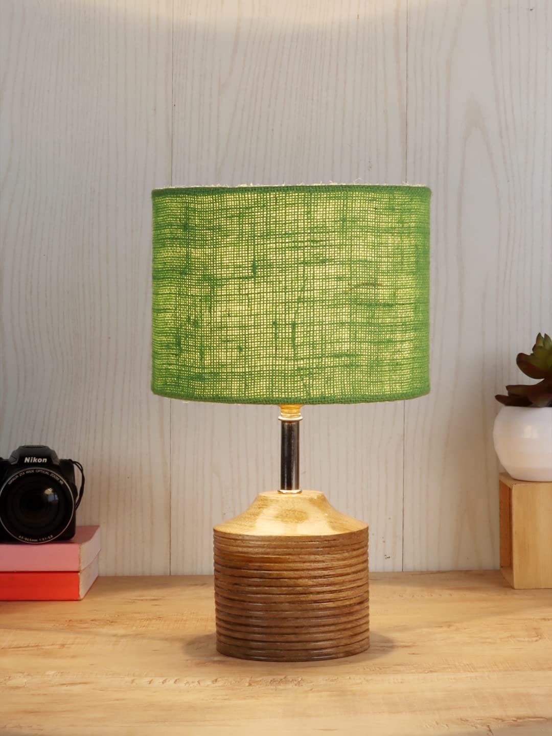 Wood Table lamp with Green Jute Shade