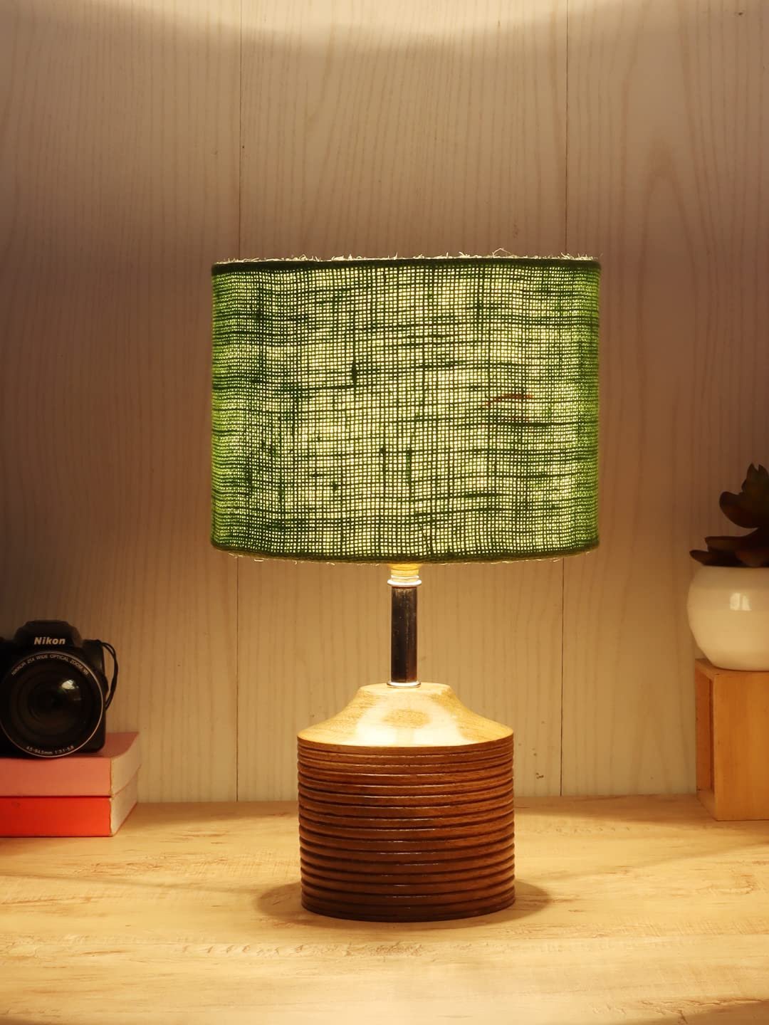 Wood Table lamp with Green Jute Shade