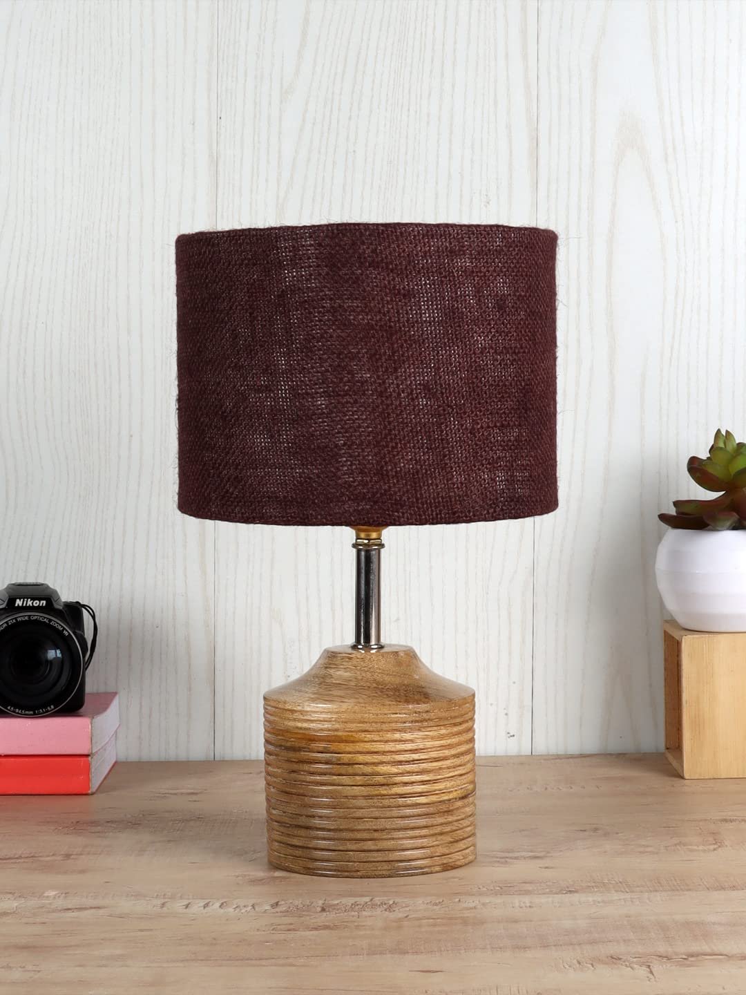 Wood Table lamp with Brown Jute Shade