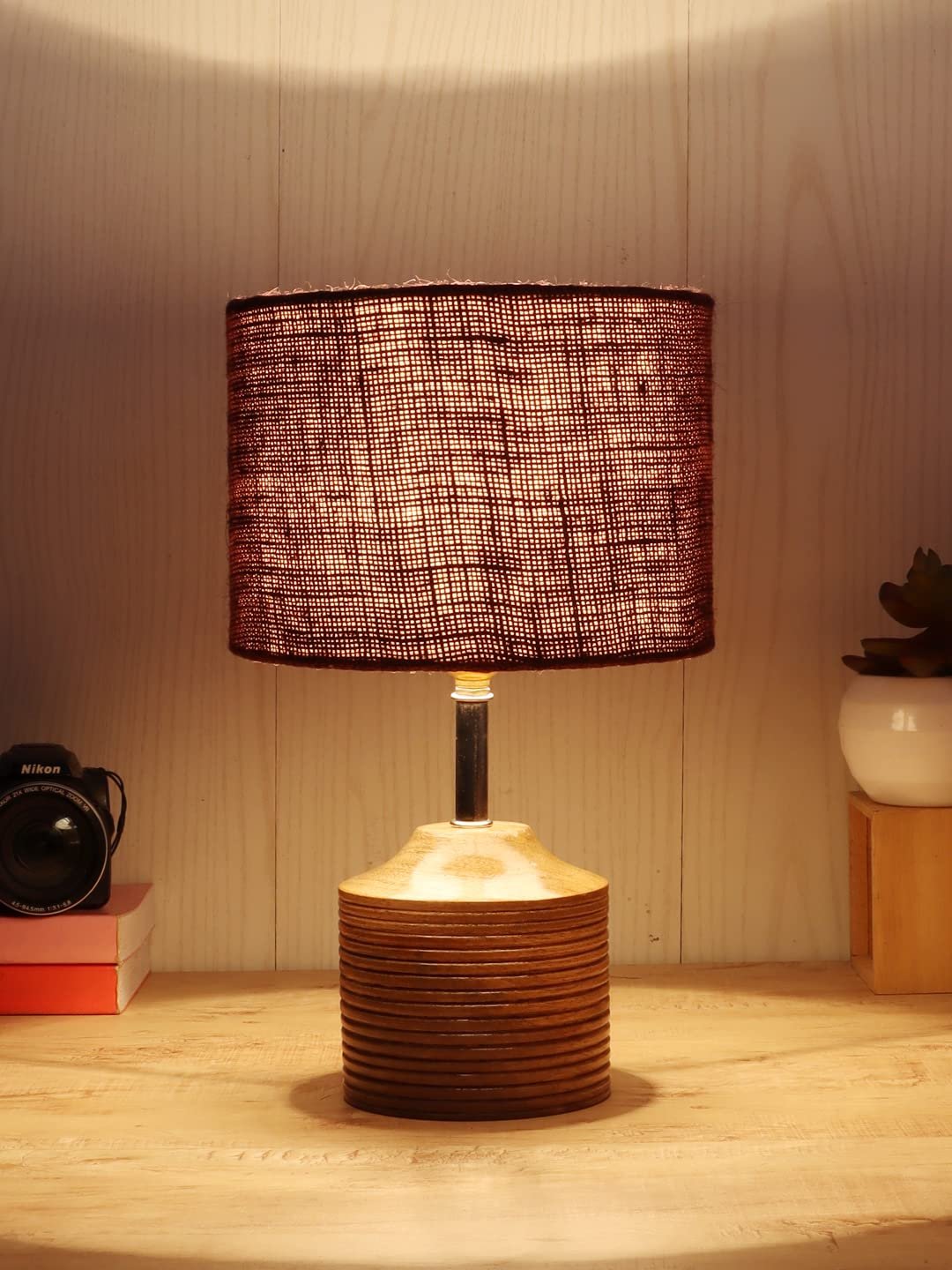 Wood Table lamp with Brown Jute Shade