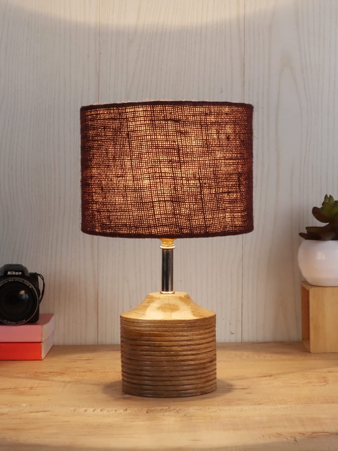 Wood Table lamp with Brown Jute Shade