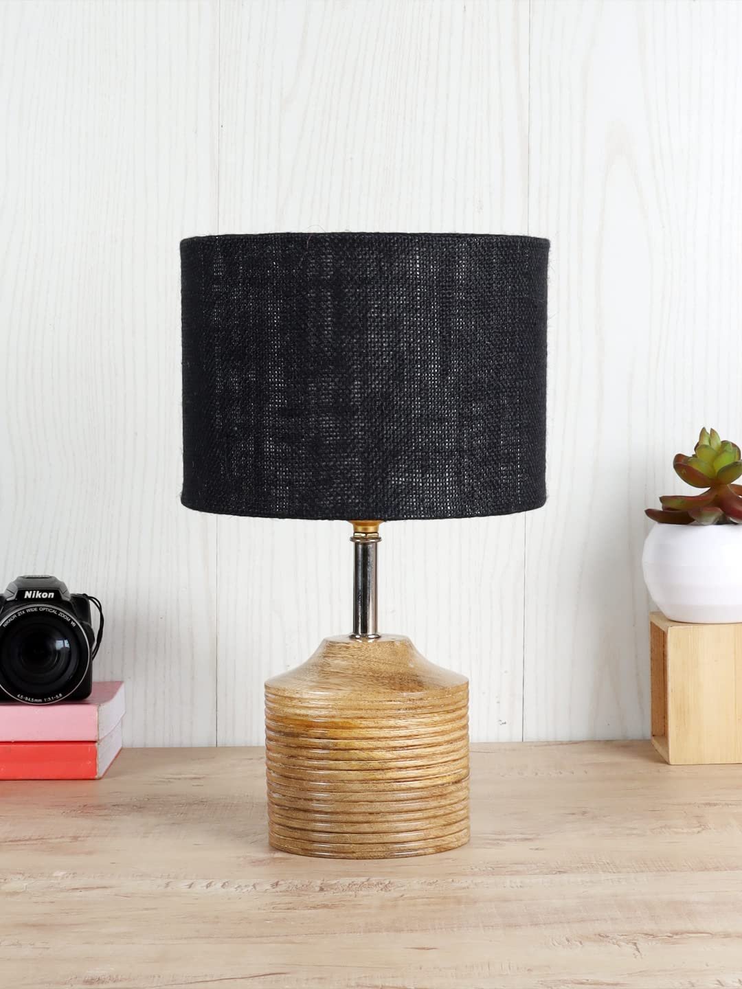 Wood Table lamp with Black Jute Shade
