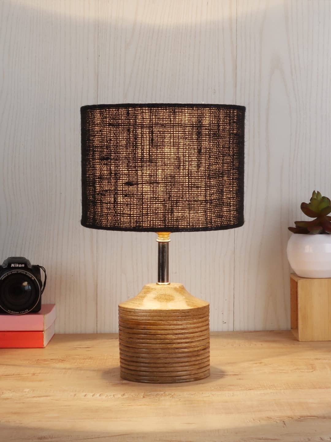 Wood Table lamp with Black Jute Shade