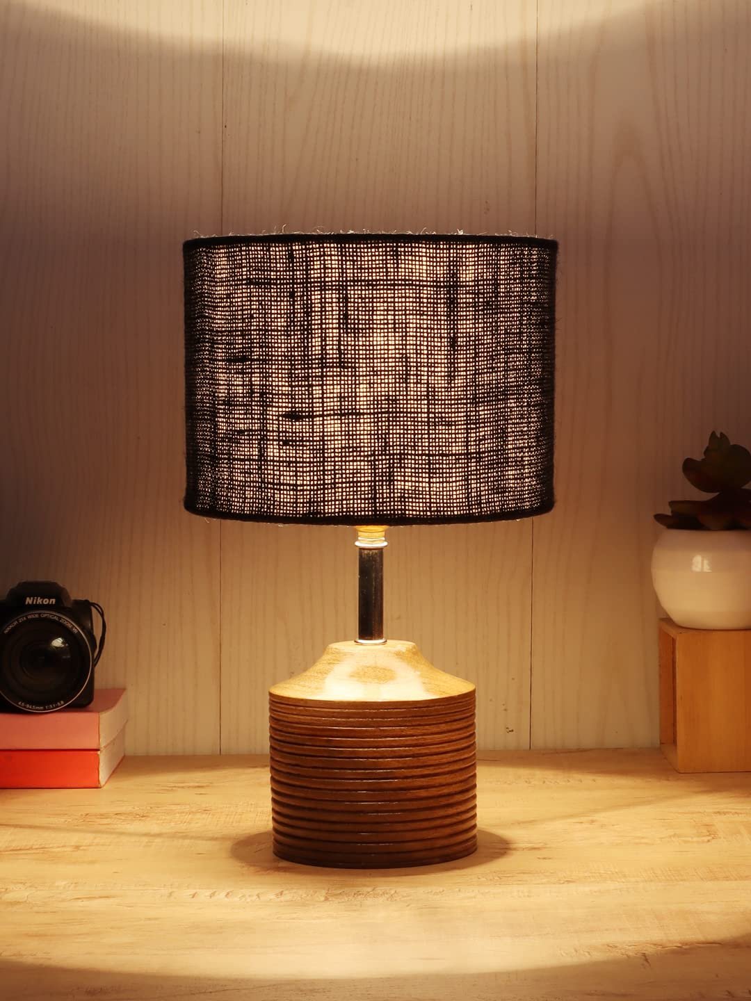 Wood Table lamp with Black Jute Shade