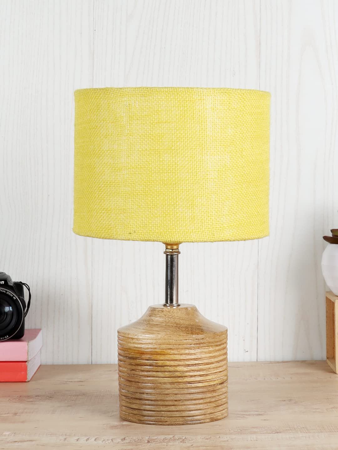 Wood Table lamp with Yellow Jute Shade