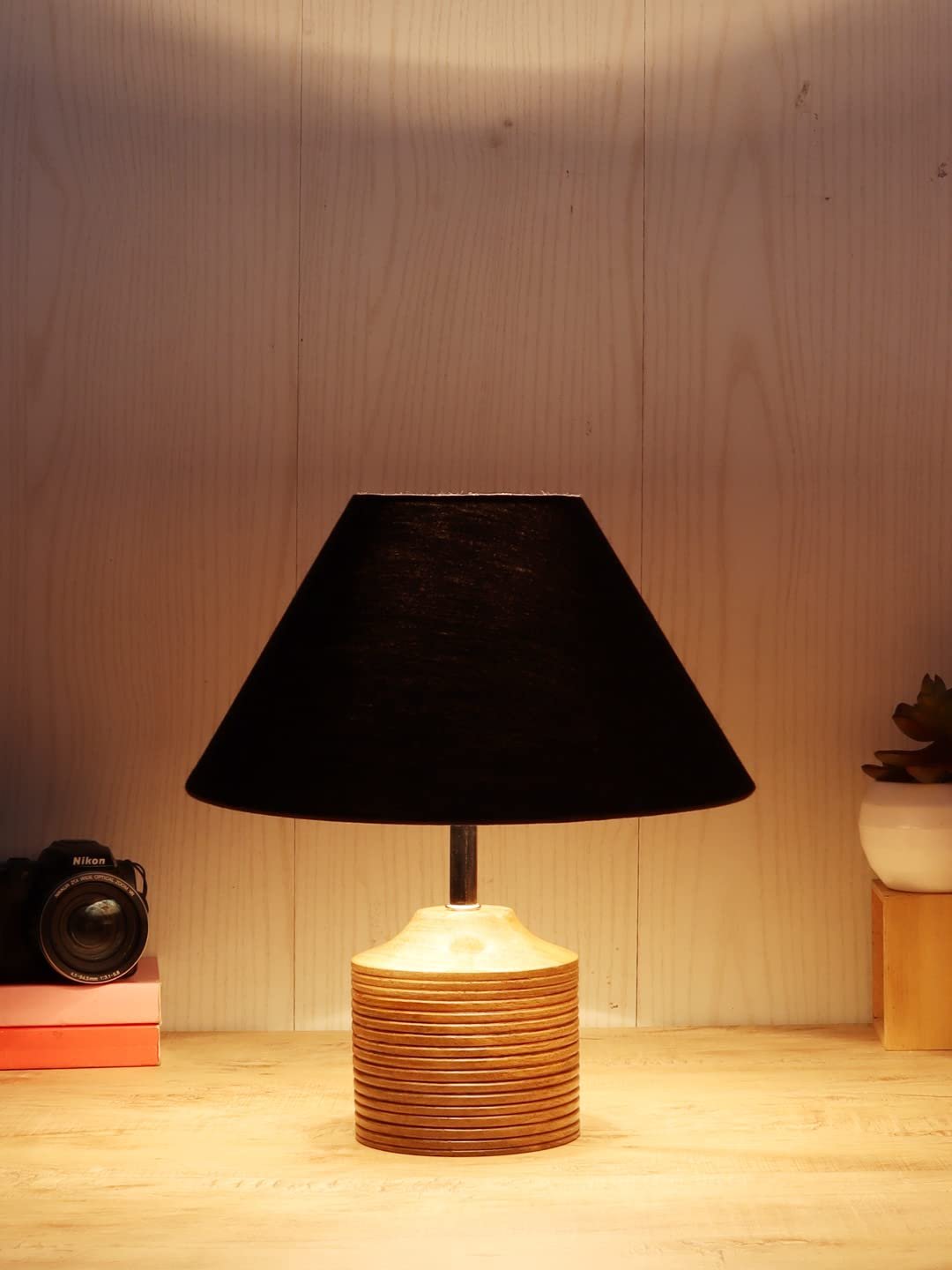 Wood Table lamp with Black Cotton Shade