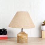 Wood Table lamp with Beige Jute Shade