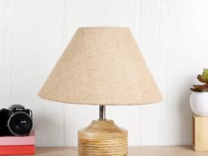 Wood Table lamp with Beige Jute Shade