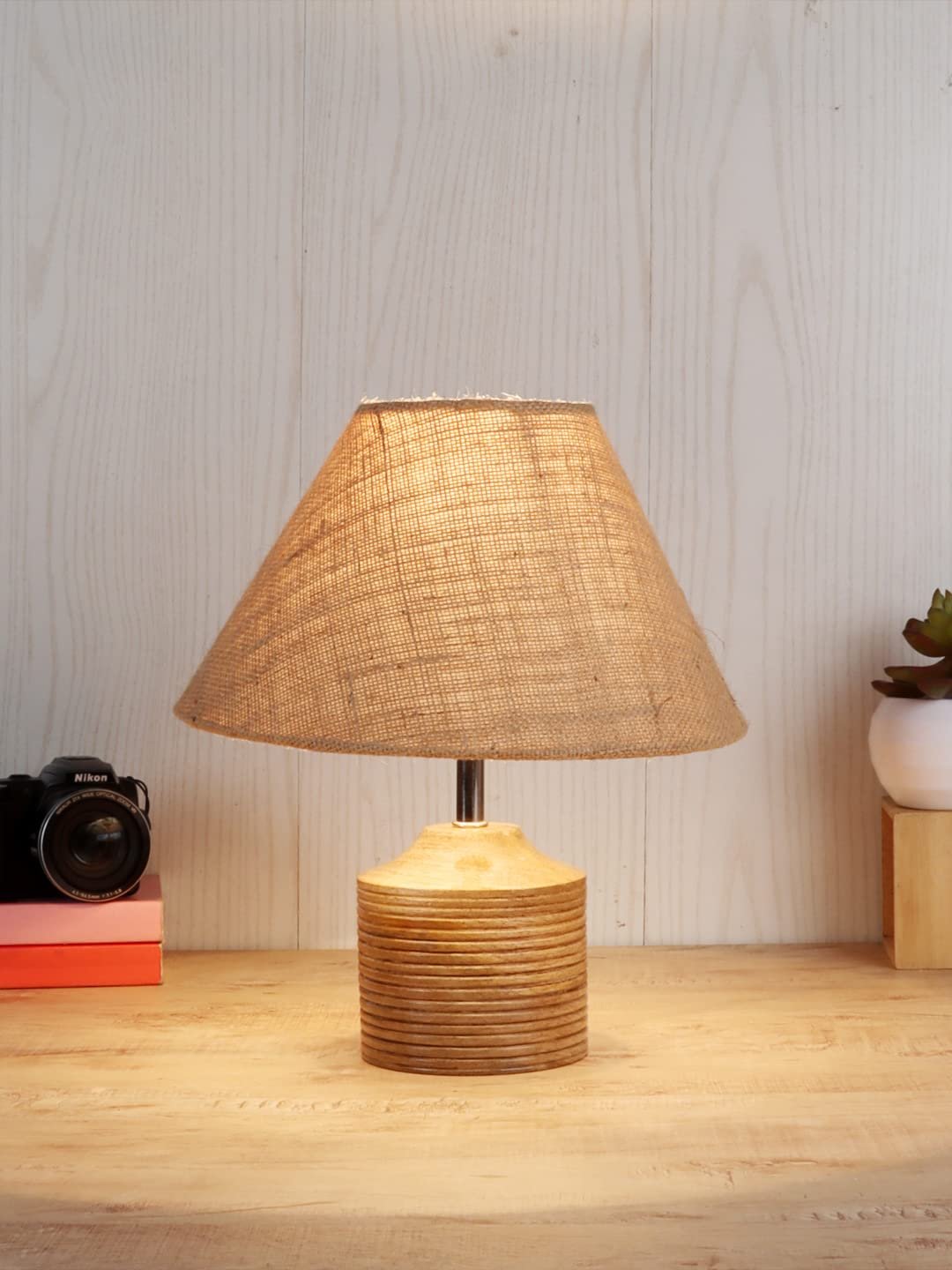 Wood Table lamp with Beige Jute Shade
