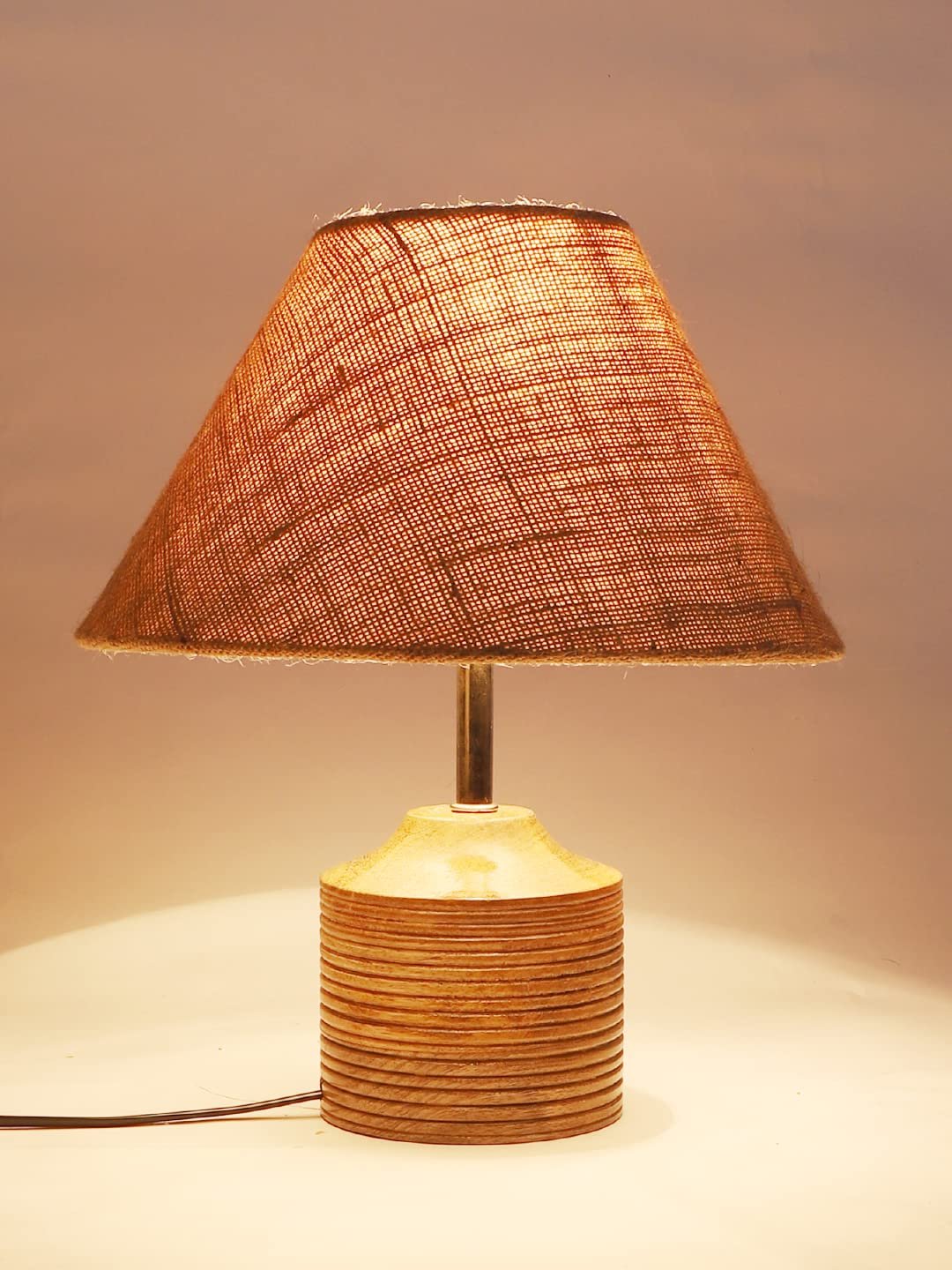 Wood Table lamp with Beige Jute Shade