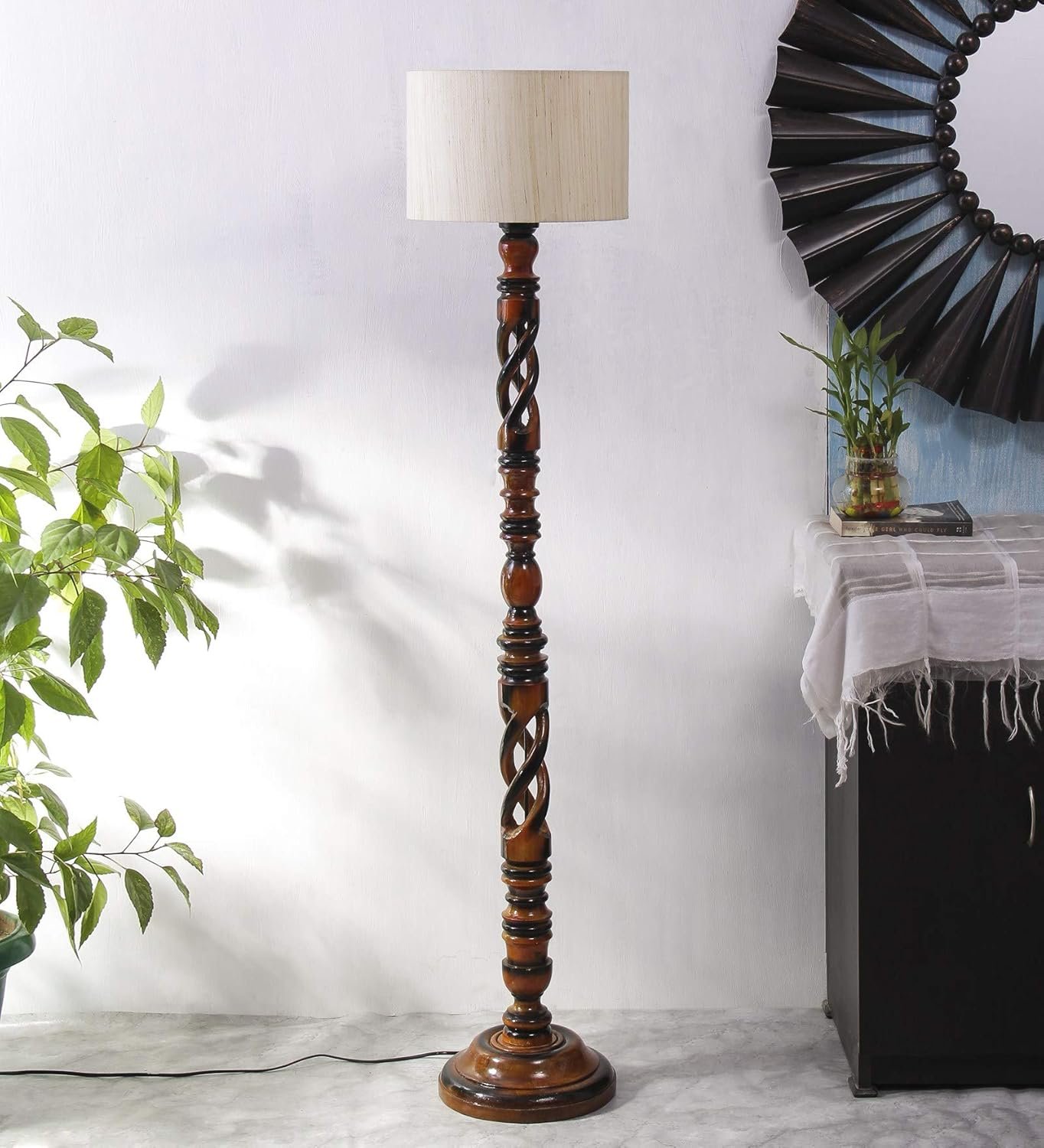 Off-White Cotton Drum Wooden Floor Lamp -1- (12x56.7 inches) -Open Snake