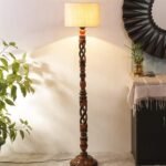 Off-White Cotton Drum Wooden Floor Lamp -1- (12×56.7 inches) -Open Snake