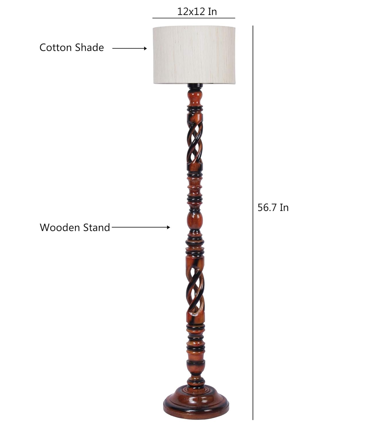 Off-White Cotton Drum Wooden Floor Lamp -1- (12x56.7 inches) -Open Snake