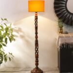 Yellow Cotton Drum Wooden Floor Lamp -5-(12×56 .7inches) -Open Snake