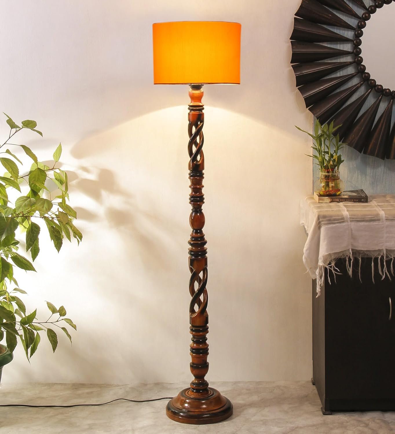 Yellow Cotton Drum Wooden Floor Lamp -5-(12x56 .7inches) -Open Snake