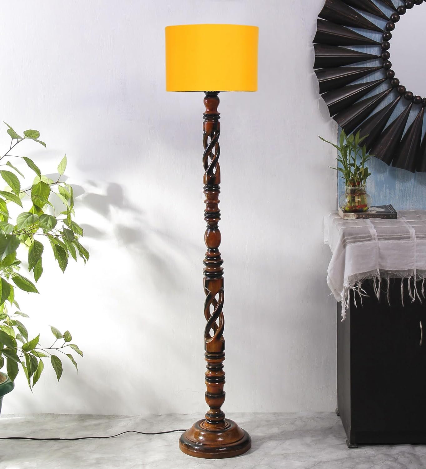 Yellow Cotton Drum Wooden Floor Lamp -5-(12x56 .7inches) -Open Snake