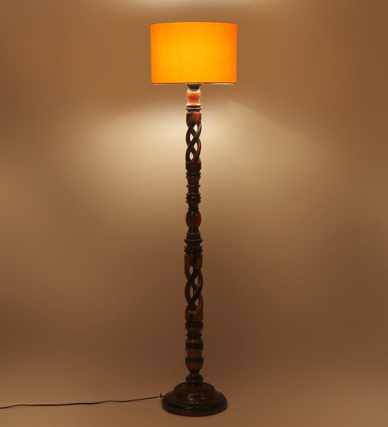 Yellow Cotton Drum Wooden Floor Lamp -5-(12x56 .7inches) -Open Snake