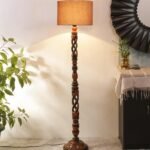 Grey Cotton Drum Wooden Floor Lamp -6-(12×56.7inches) -Open Snake