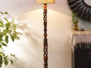 Beige Jute Drum Wooden Floor Lamp -8-(12x56.7inches) -Open Snake