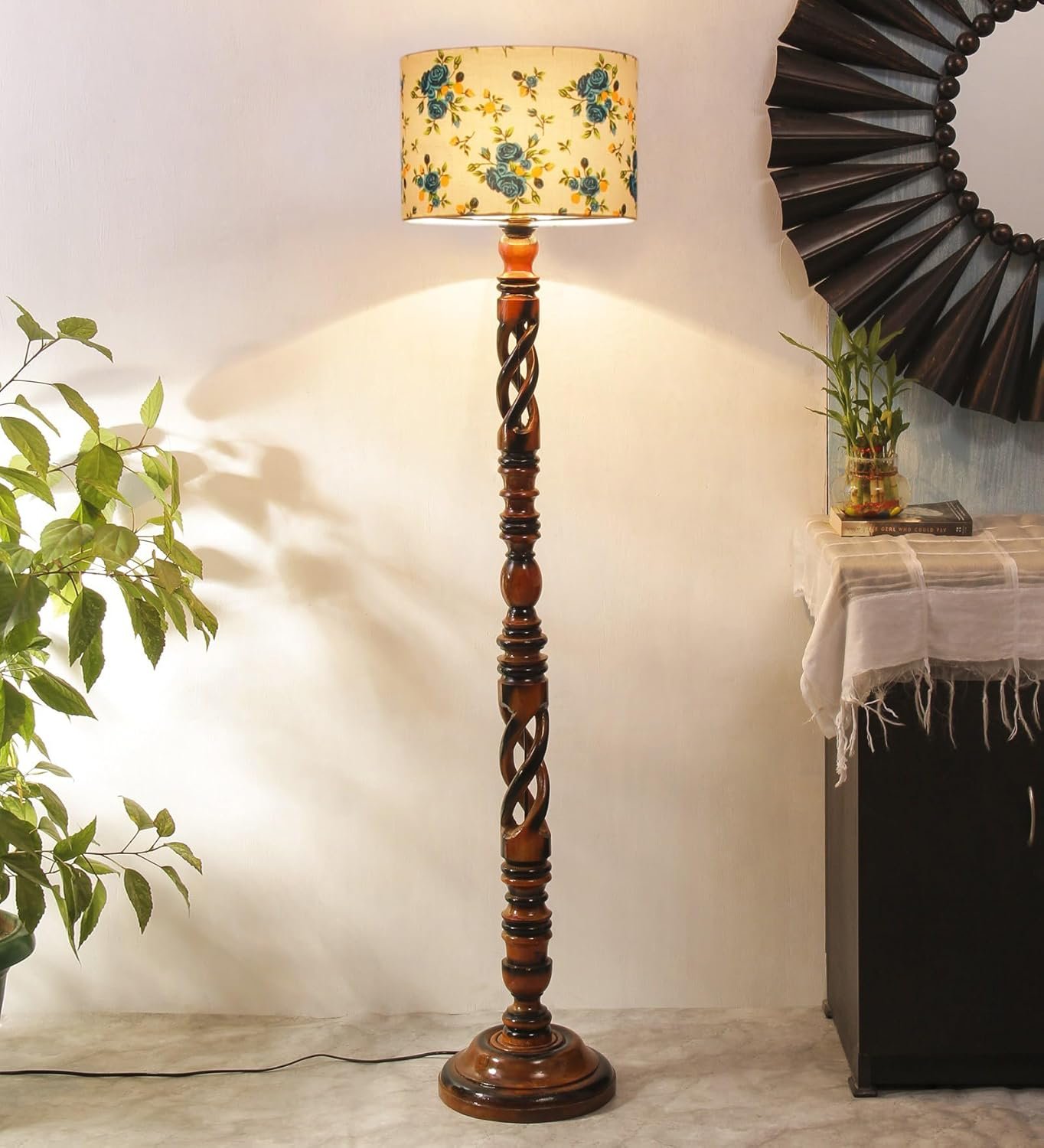 Printed Cotton Drum Wooden Floor Lamp -13-(12x56.7inches) -Open Snake