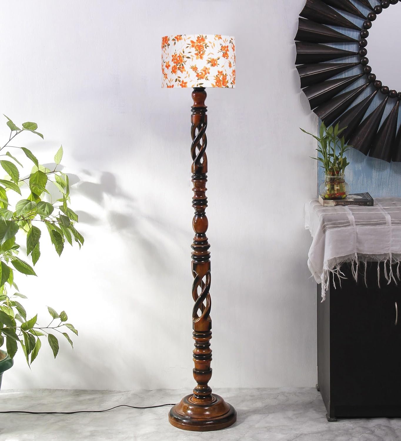 Printed Cotton Drum Wooden Floor Lamp -14 (12x56.7inches) -Open Snake