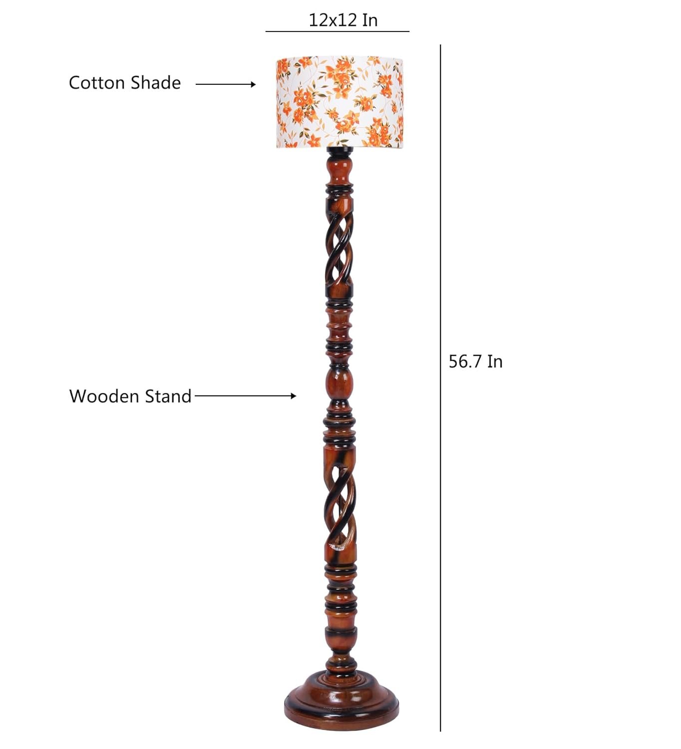 Printed Cotton Drum Wooden Floor Lamp -14 (12x56.7inches) -Open Snake