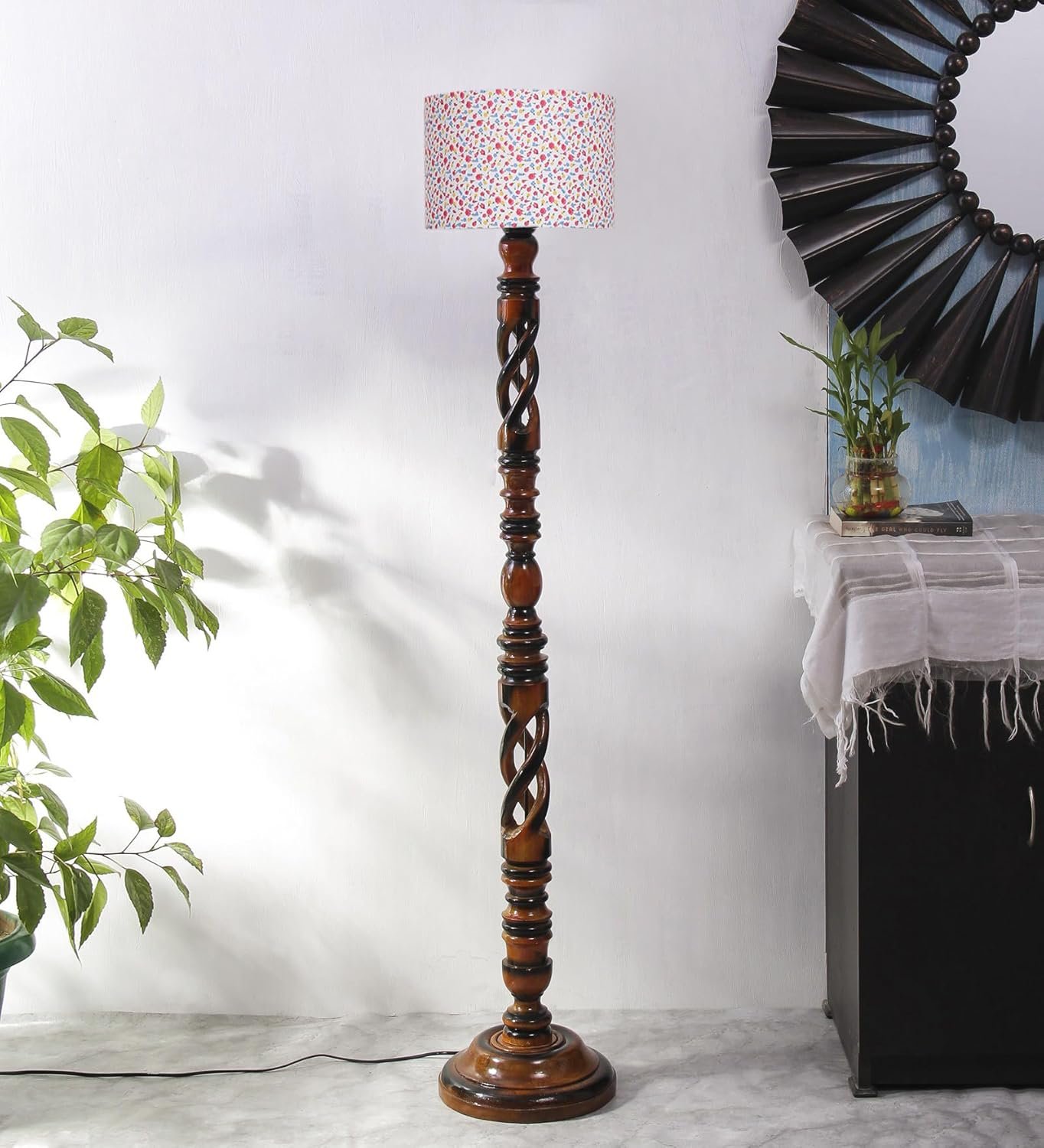 Printed Cotton Drum Wooden Floor Lamp -15 (12x56.7inches) -Open Snake