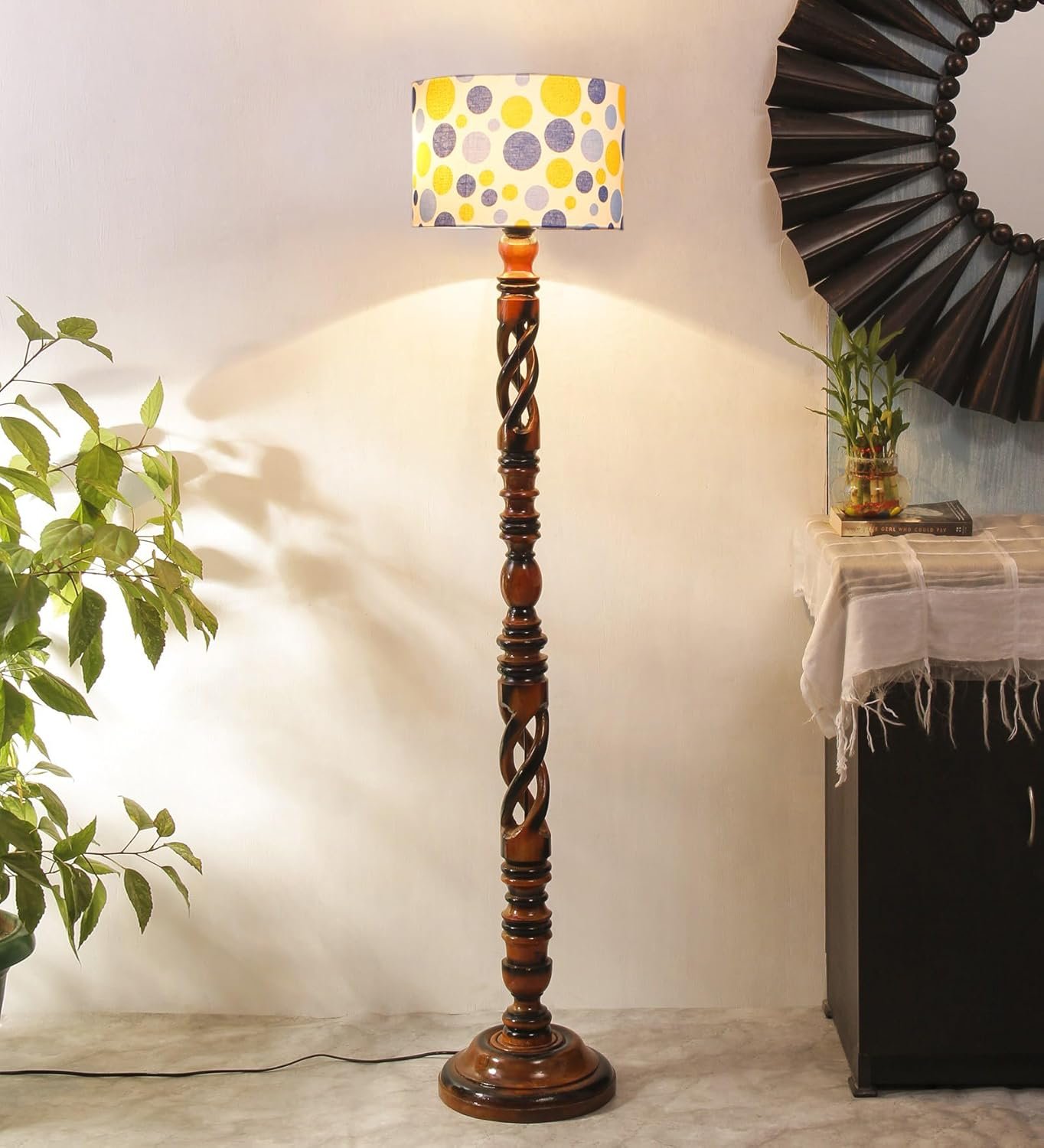 Printed Cotton Drum Wooden Floor Lamp -19 (12x56.7inches) -Open Snake
