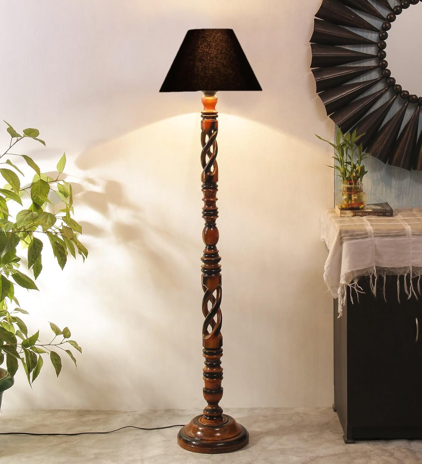 Black Cotton Conical Wooden Floor Lamp -21 (14x55.75inches) -Open Snake