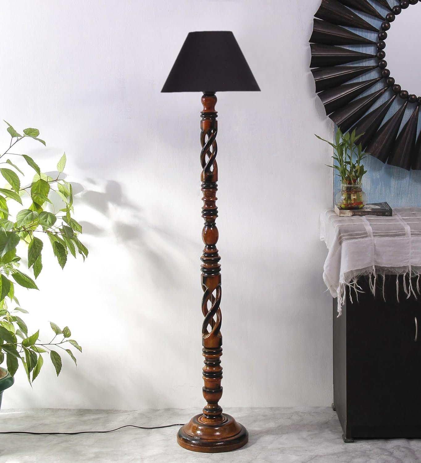 Black Cotton Conical Wooden Floor Lamp -21 (14x55.75inches) -Open Snake