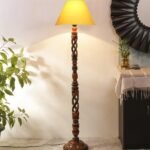 Yellow Cotton Conical Wooden Floor Lamp -24-(14×55.75inches) -Open Snake
