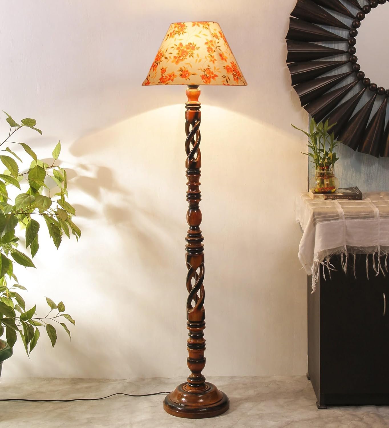 Printed Cotton Conical Wooden Floor Lamp -33-(14x55.75inches) -Open Snake