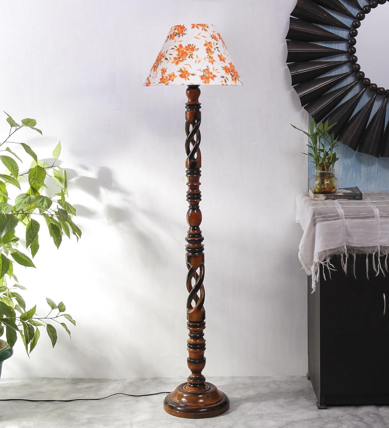 Printed Cotton Conical Wooden Floor Lamp -33-(14x55.75inches) -Open Snake
