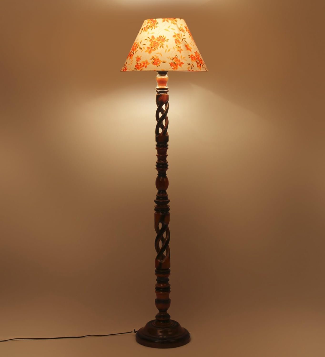 Printed Cotton Conical Wooden Floor Lamp -33-(14x55.75inches) -Open Snake