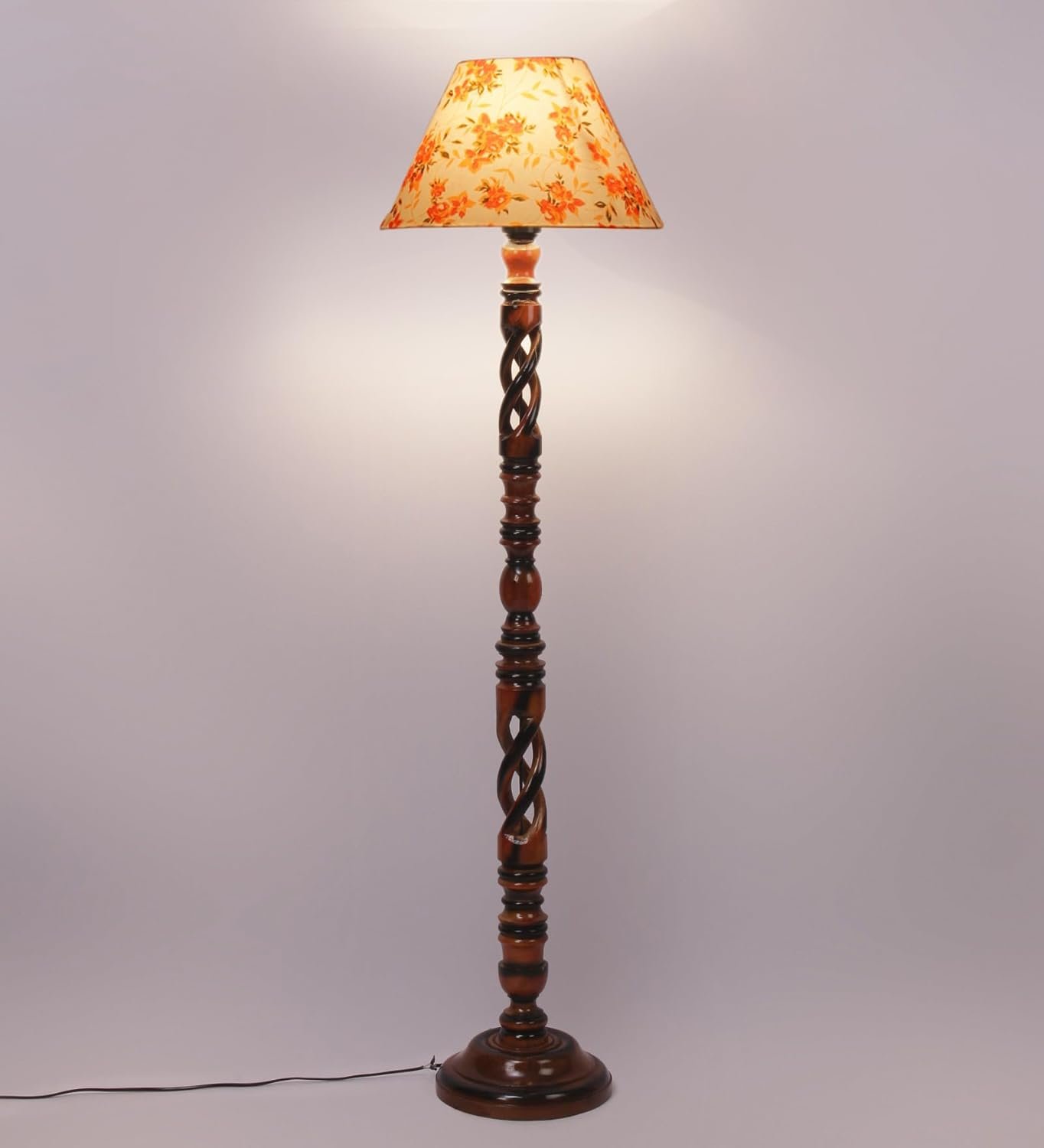 Printed Cotton Conical Wooden Floor Lamp -33-(14x55.75inches) -Open Snake