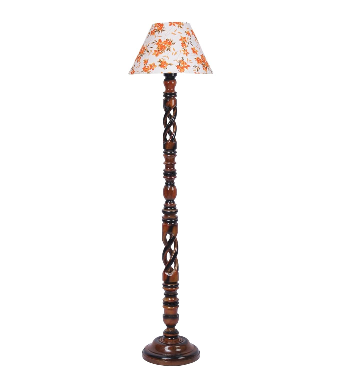 Printed Cotton Conical Wooden Floor Lamp -33-(14x55.75inches) -Open Snake