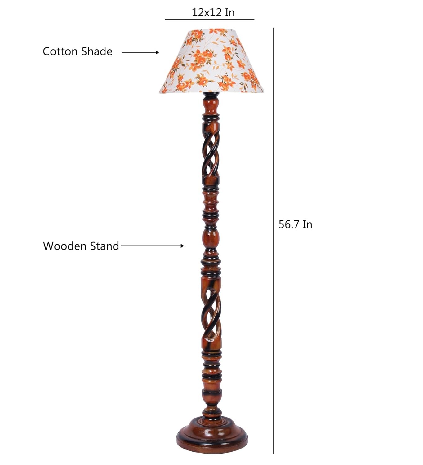 Printed Cotton Conical Wooden Floor Lamp -33-(14x55.75inches) -Open Snake