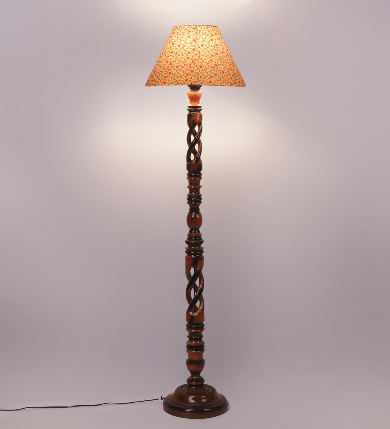 Printed Cotton Conical Wooden Floor Lamp -34(14x55.75inches) -Open Snake