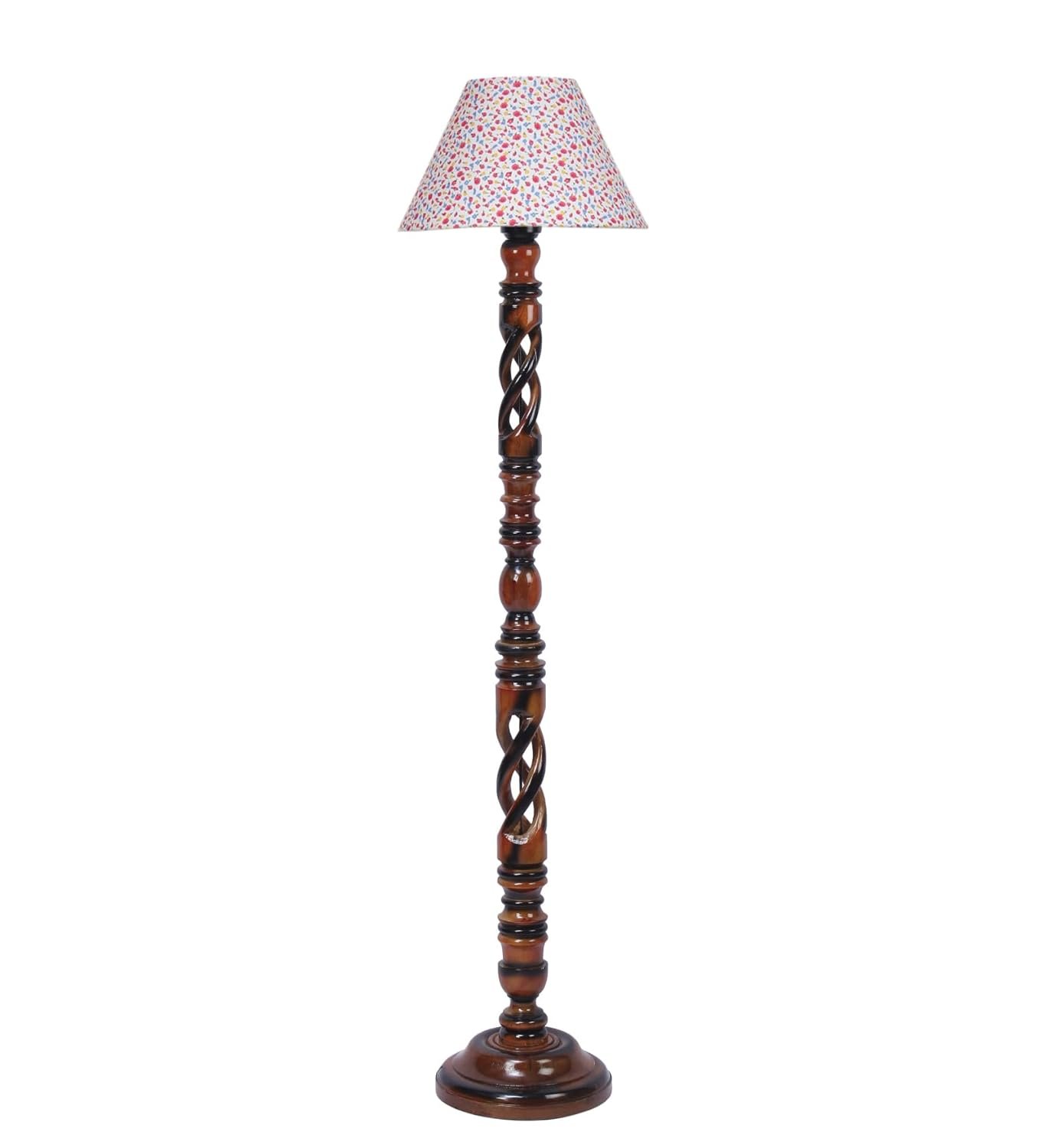 Printed Cotton Conical Wooden Floor Lamp -34(14x55.75inches) -Open Snake