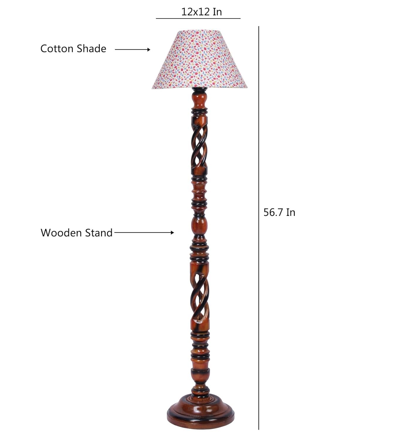 Printed Cotton Conical Wooden Floor Lamp -34(14x55.75inches) -Open Snake