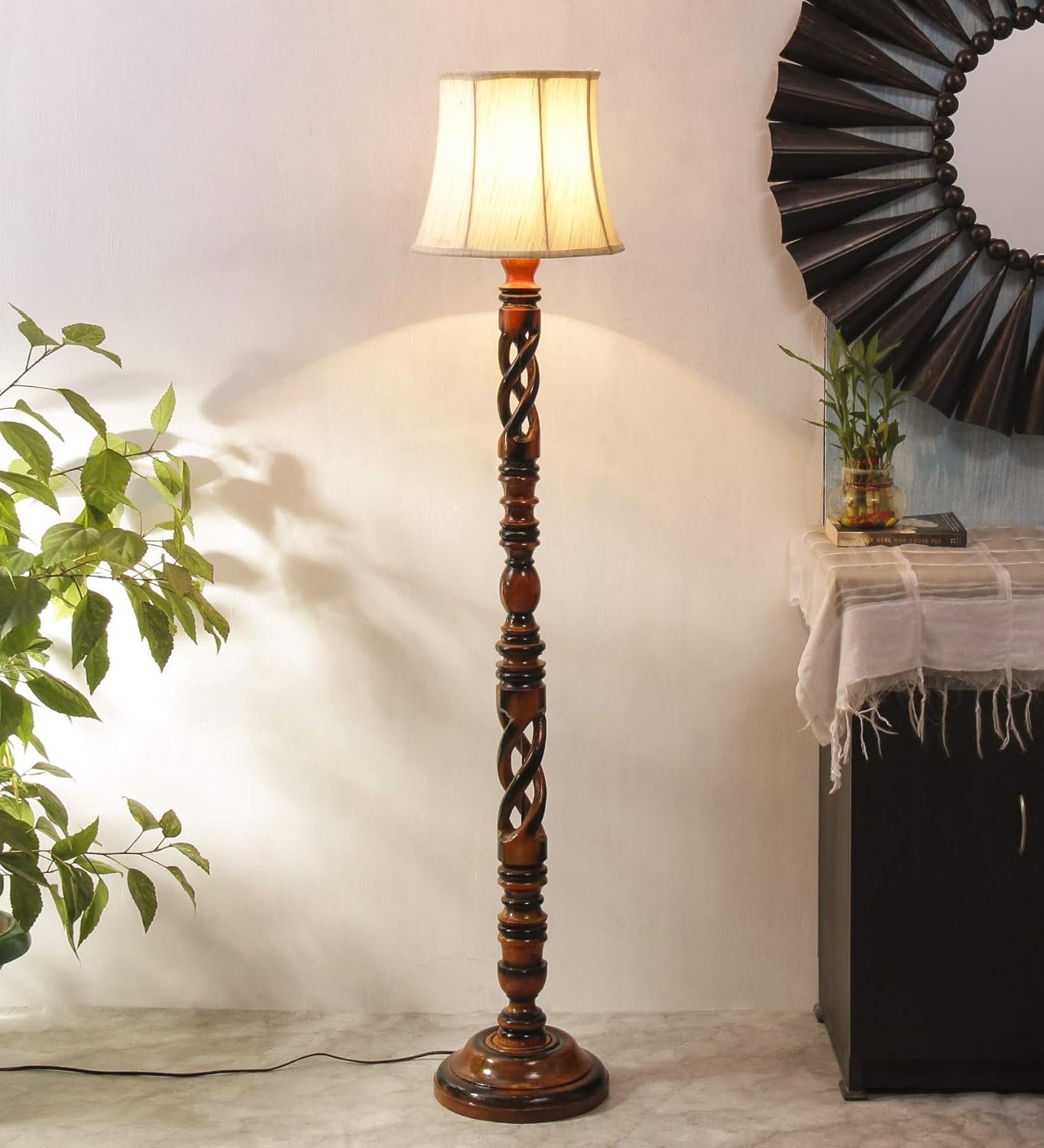 Soft Back Cotton Off-White Wooden Floor Lamp -53(12x56 Inches)-Open Snake