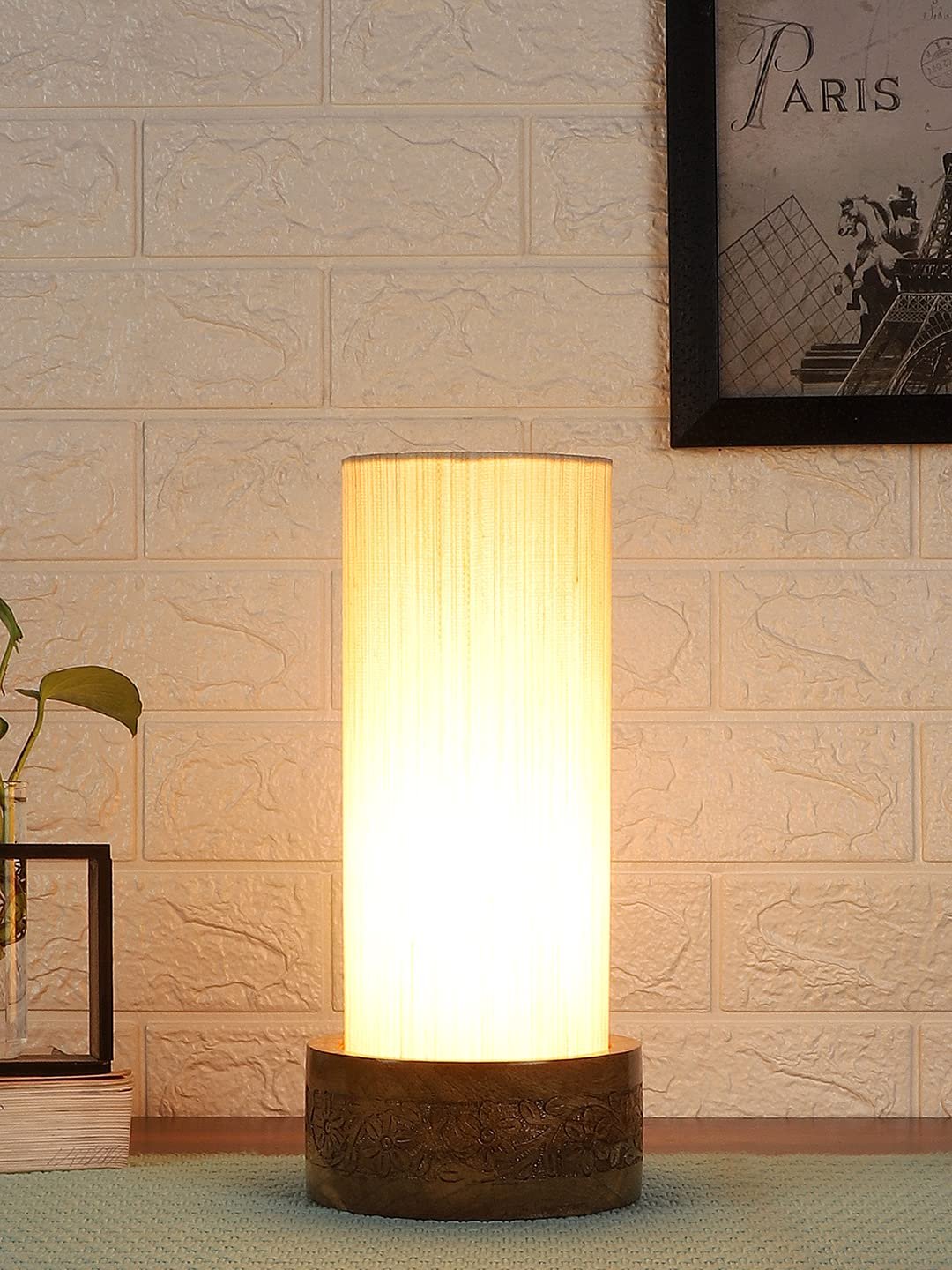 Off White Cotton Table lamp with Carving Wood Natural Base (Round)