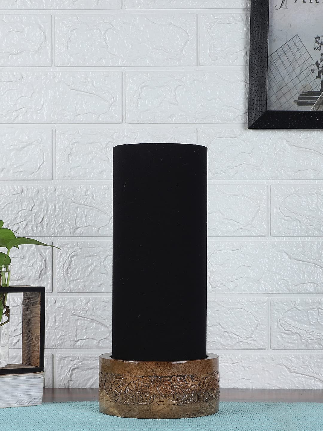 Black Cotton Table lamp with Carving Wood Natural Base (Round)