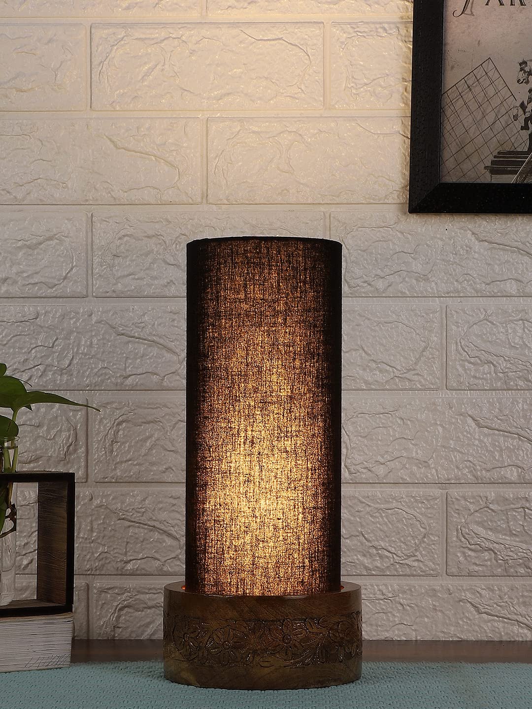 Black Cotton Table lamp with Carving Wood Natural Base (Round)