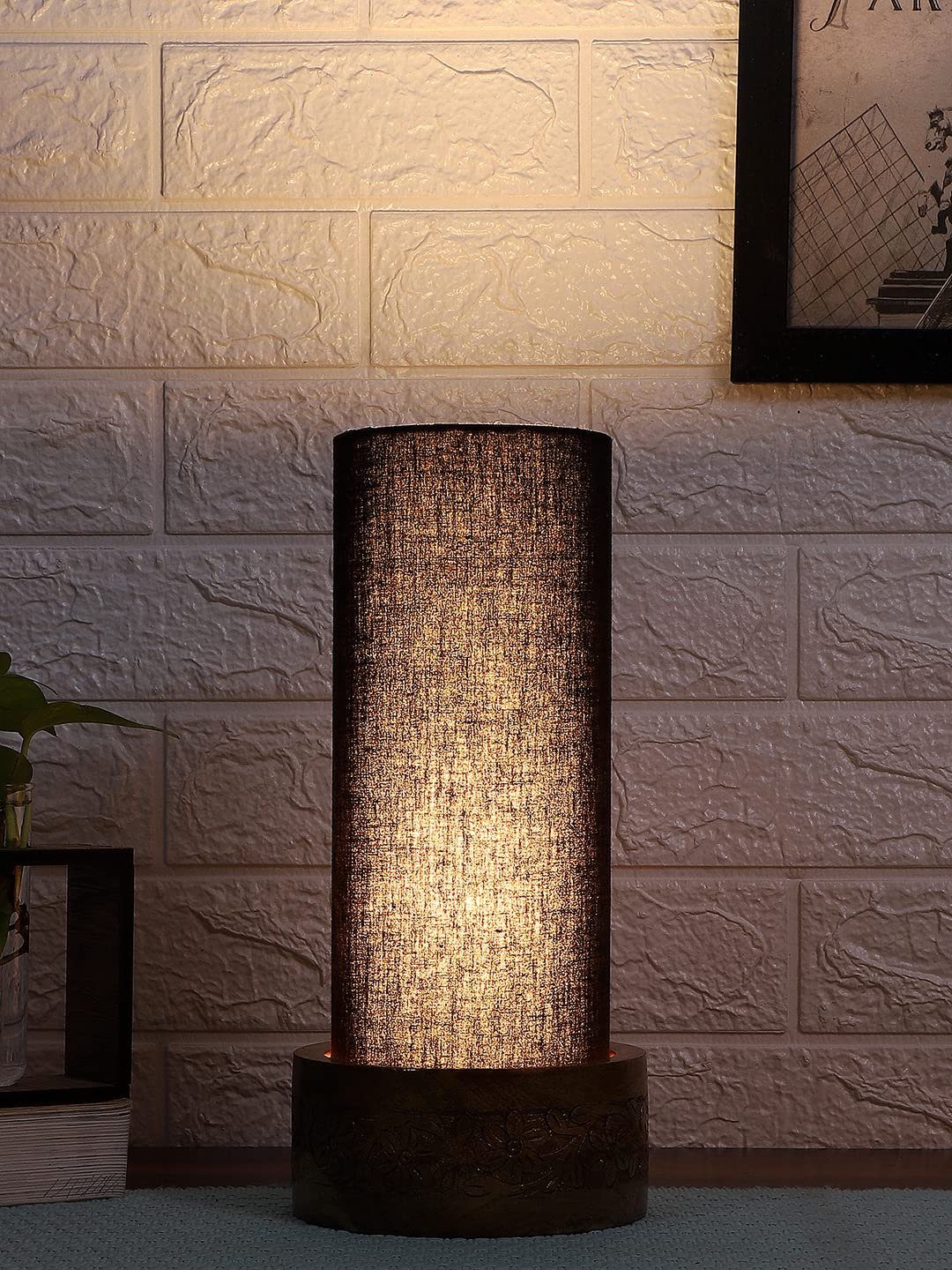 Black Cotton Table lamp with Carving Wood Natural Base (Round)