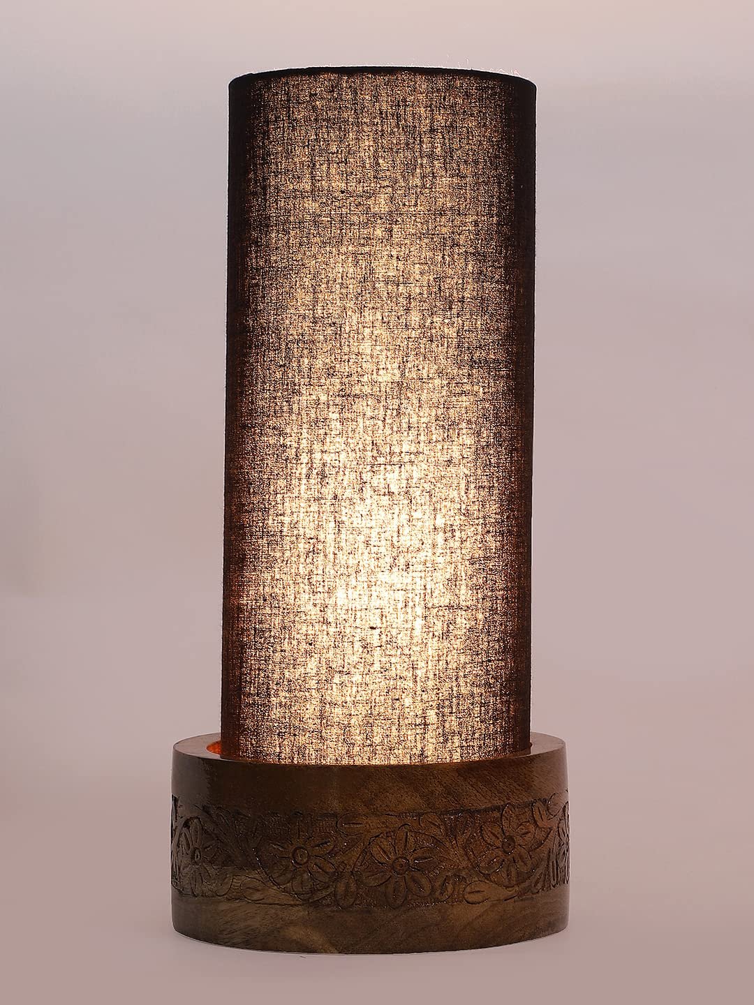 Black Cotton Table lamp with Carving Wood Natural Base (Round)