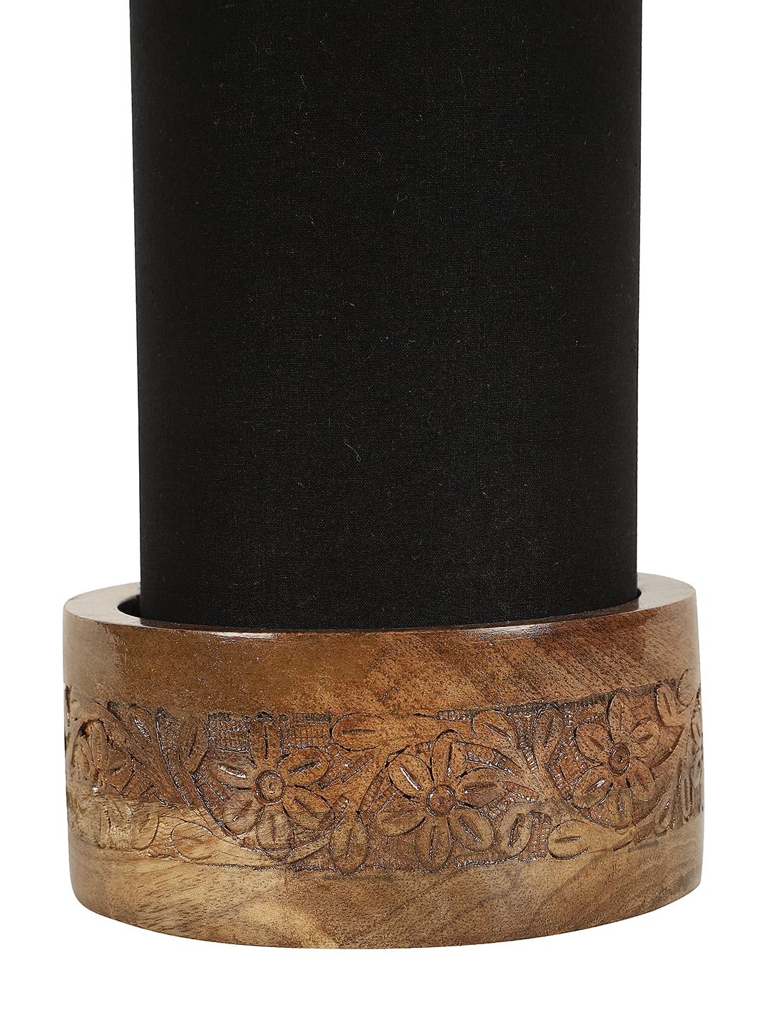 Black Cotton Table lamp with Carving Wood Natural Base (Round)